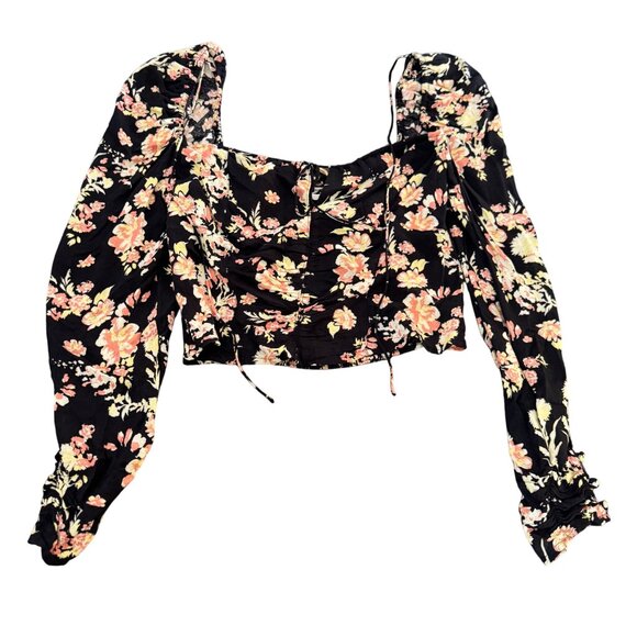 Free People Tops - Free People Hilary Print Puff Sleeves Cropped Black Blouse Top, Size S NWOT